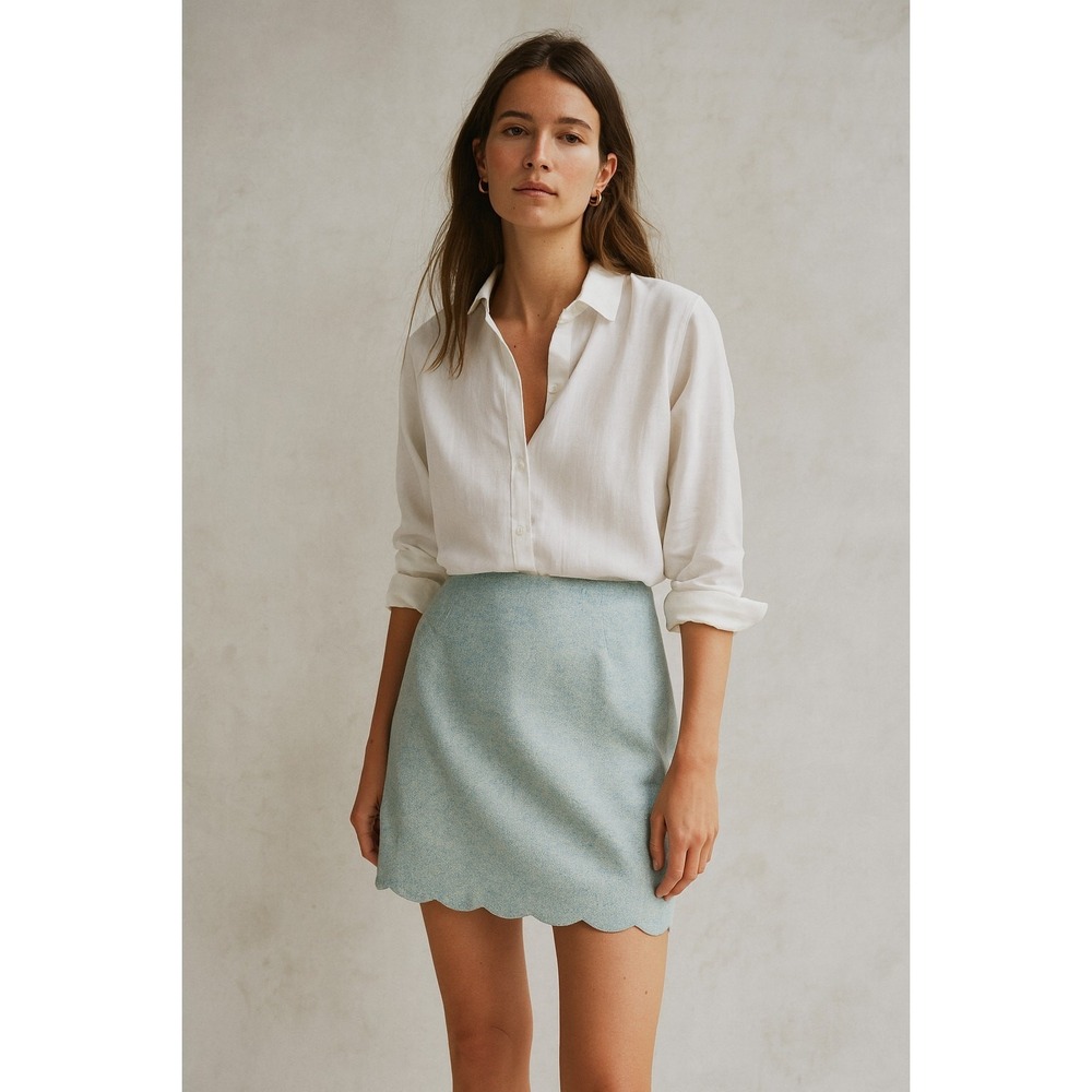 Talbots wool-blend scallop-hem A-line skirt seafoam tweed, fully lined, chic 10